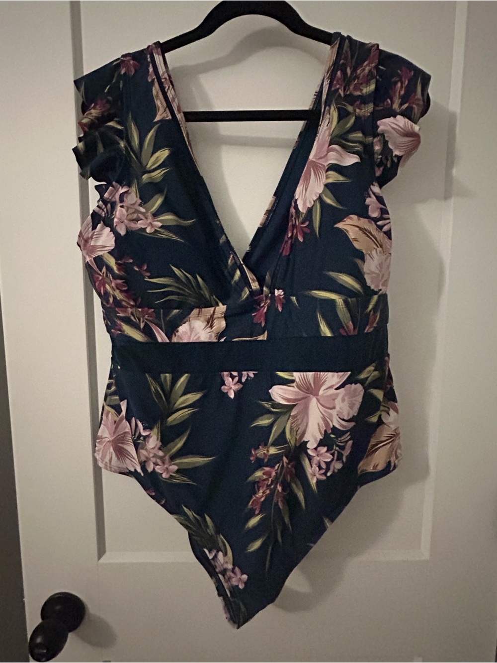 Floral Deep V One-Piece Swimsuit in deep green with flowers and mesh waistband